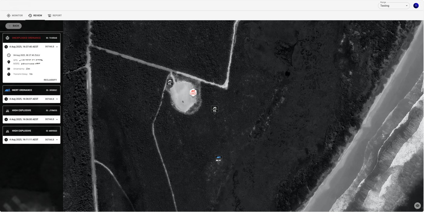 Nightingale STRIKE review interface showing detected ordnance on a range map