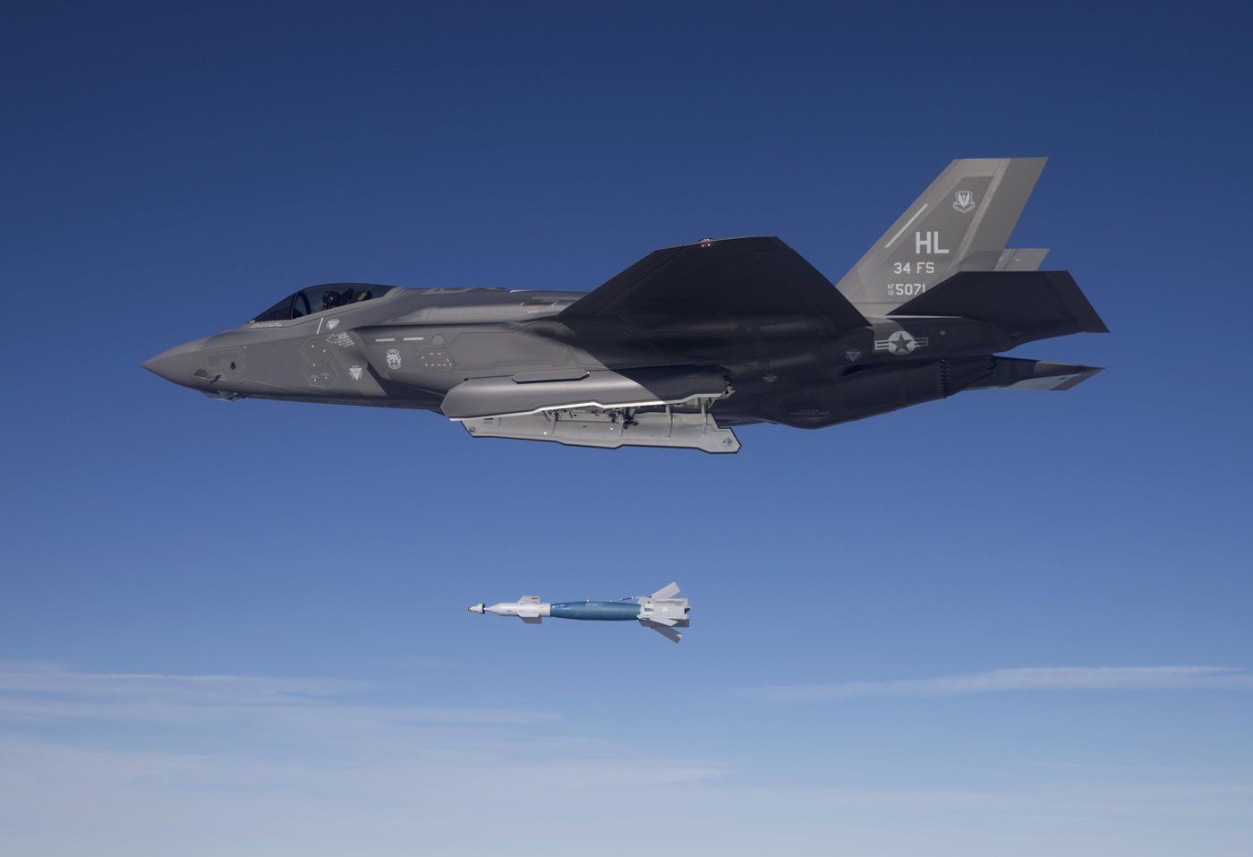 F-35A releasing an inert bomb during a weapons range test